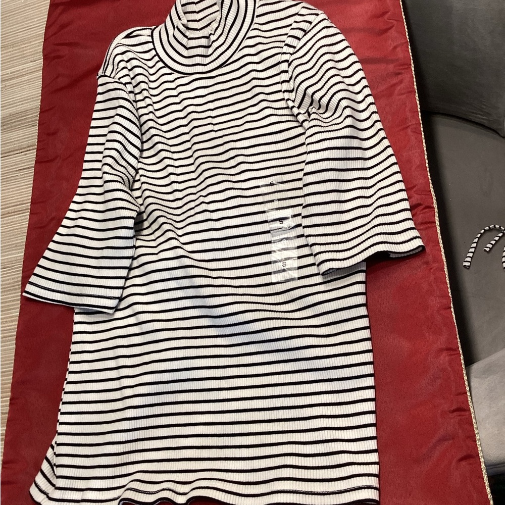 Black & White Striped Ribbed Turtleneck Dress